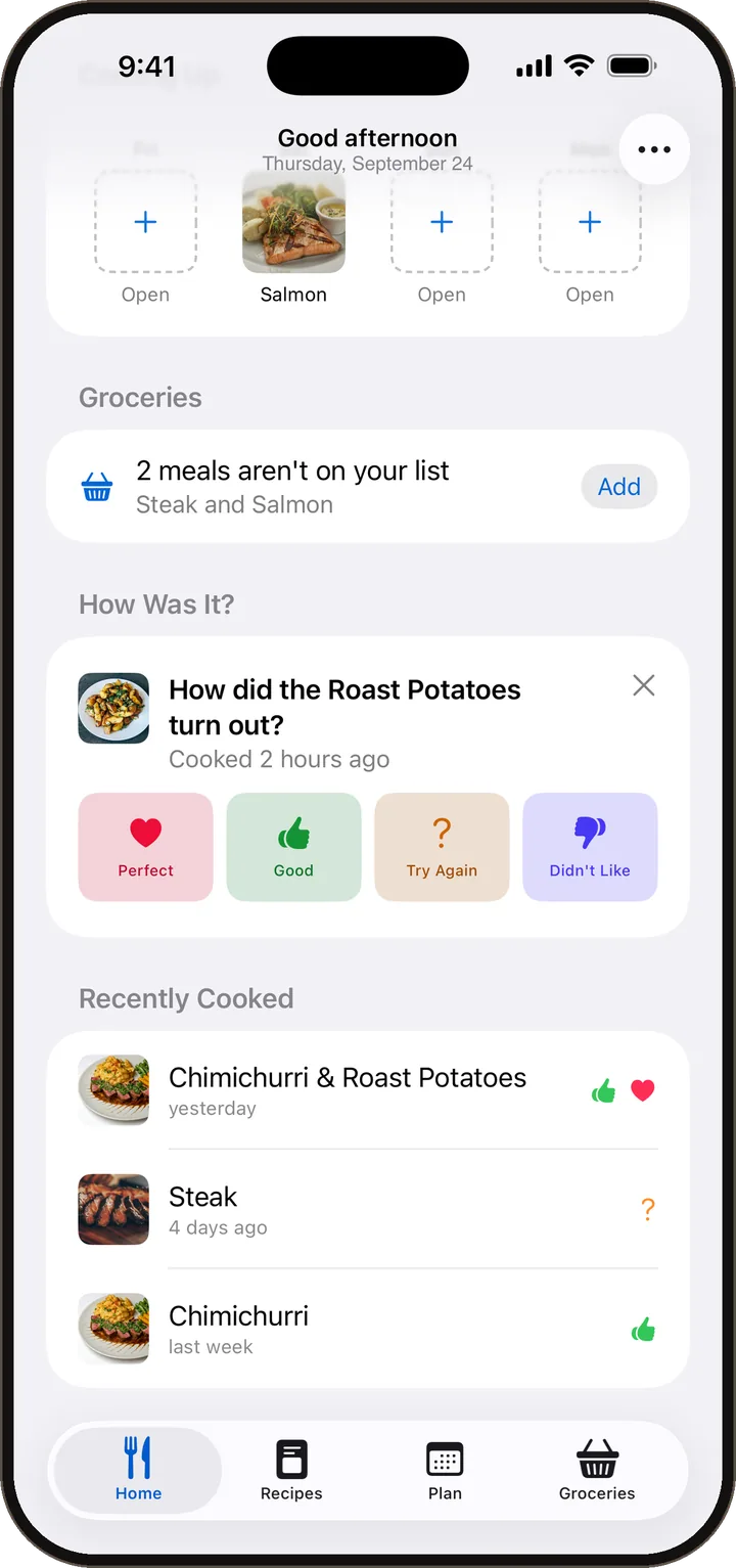 Asking how the roast potatoes turned out, above a list of recently cooked meals and their ratings.