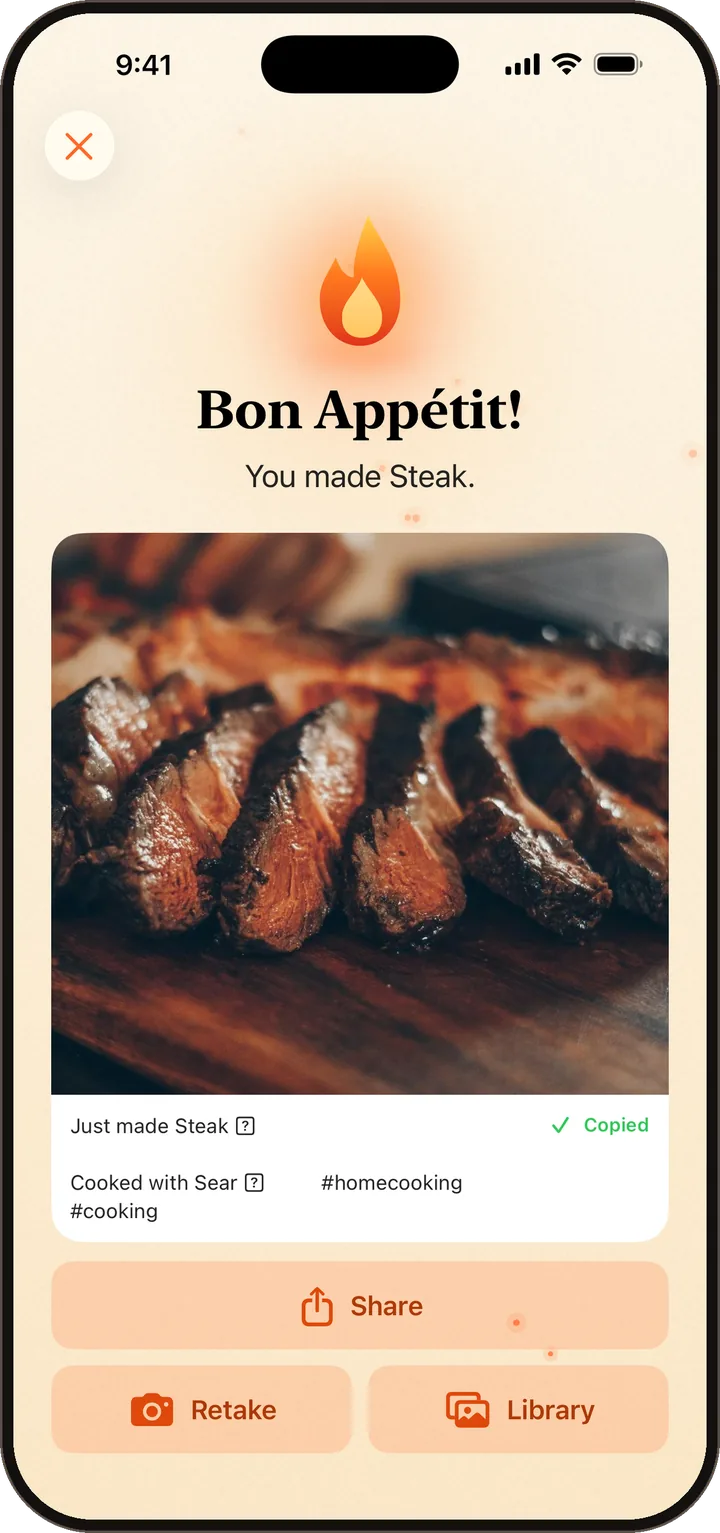 A Chef's Kiss screen with a photo of the finished steak, ready to share.
