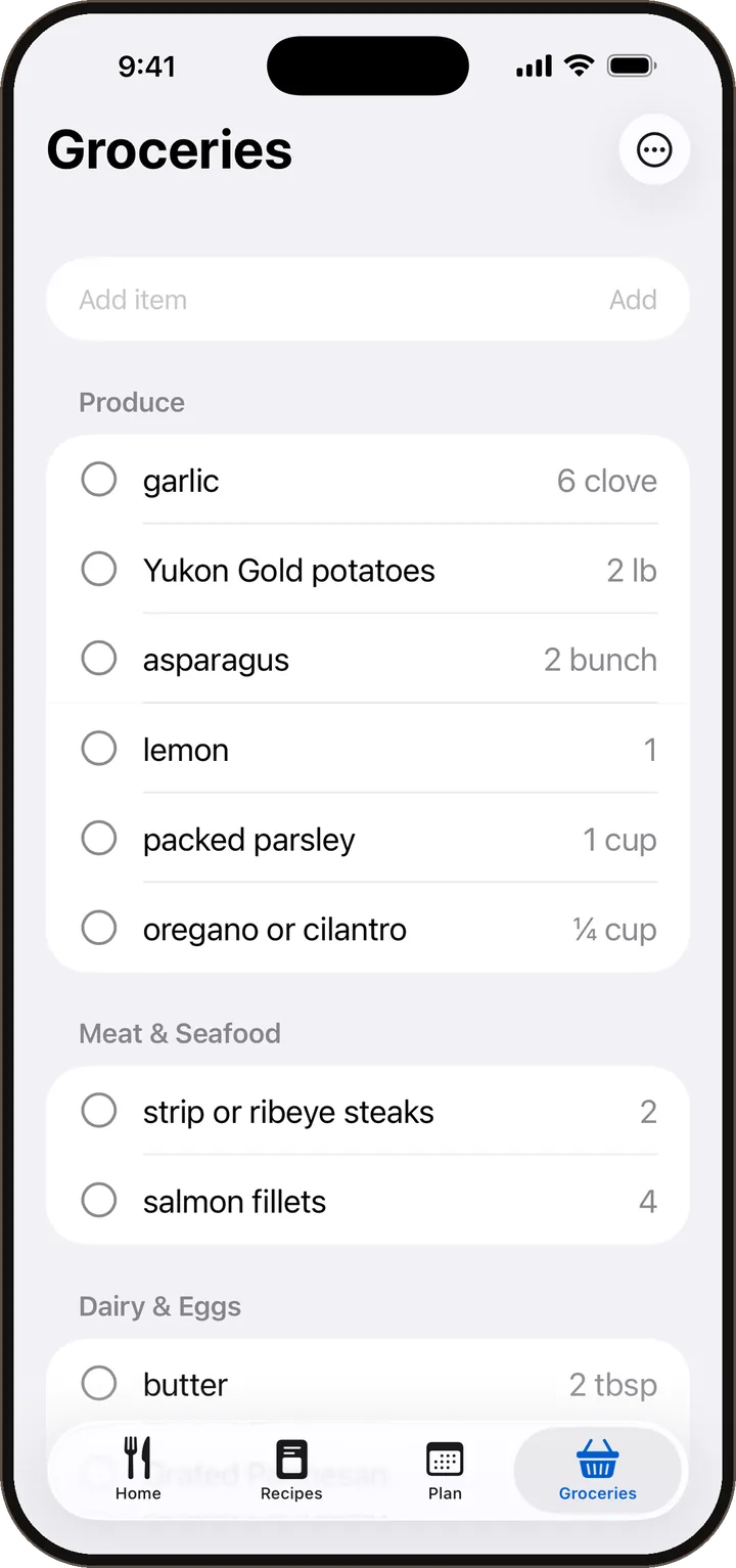 A grocery list grouped into Produce, Meat & Seafood, and Dairy & Eggs.
