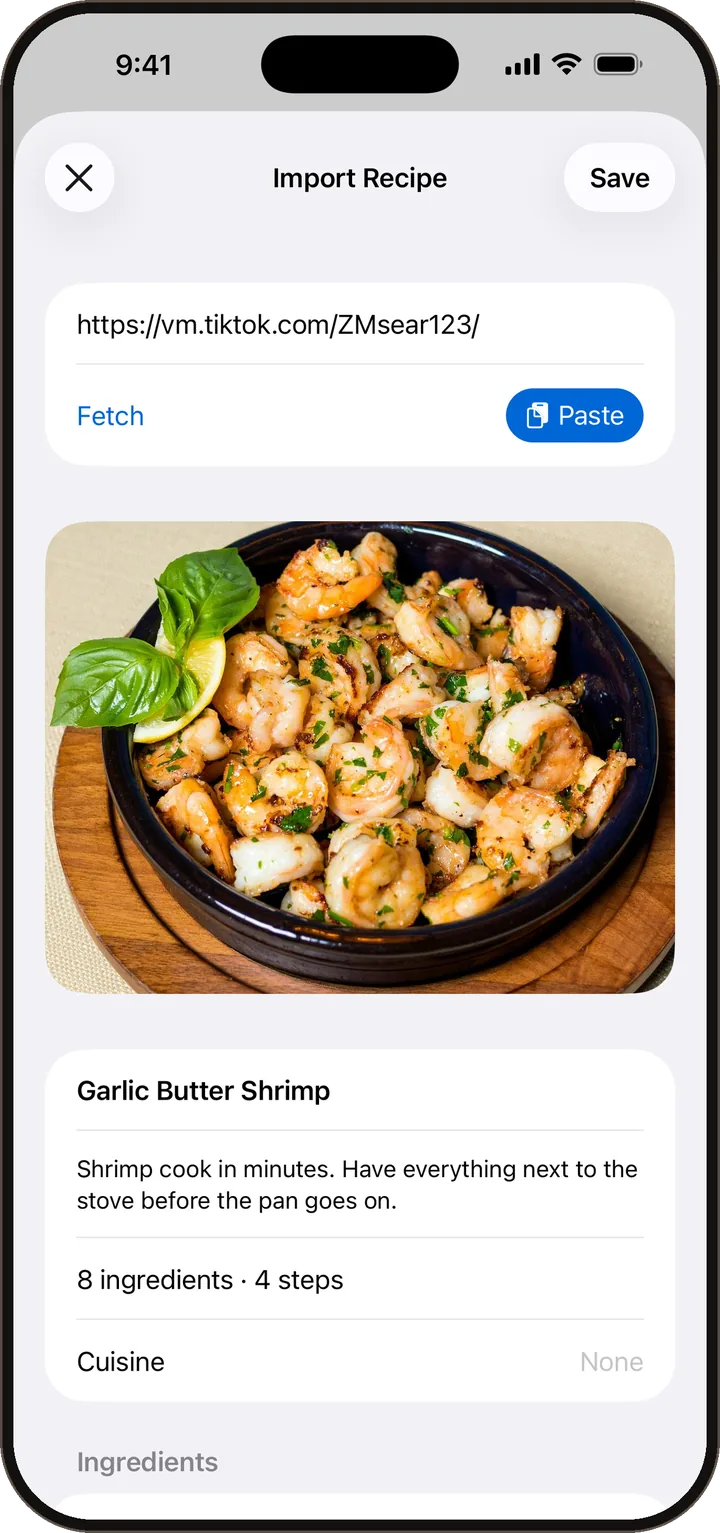 Importing a garlic butter shrimp recipe from a TikTok link.
