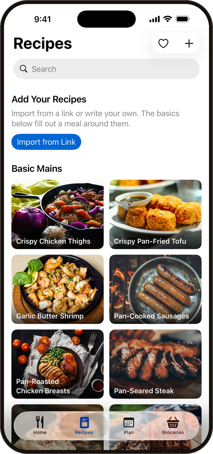 The recipe library, with built-in basic mains like crispy chicken thighs and pan-seared steak.