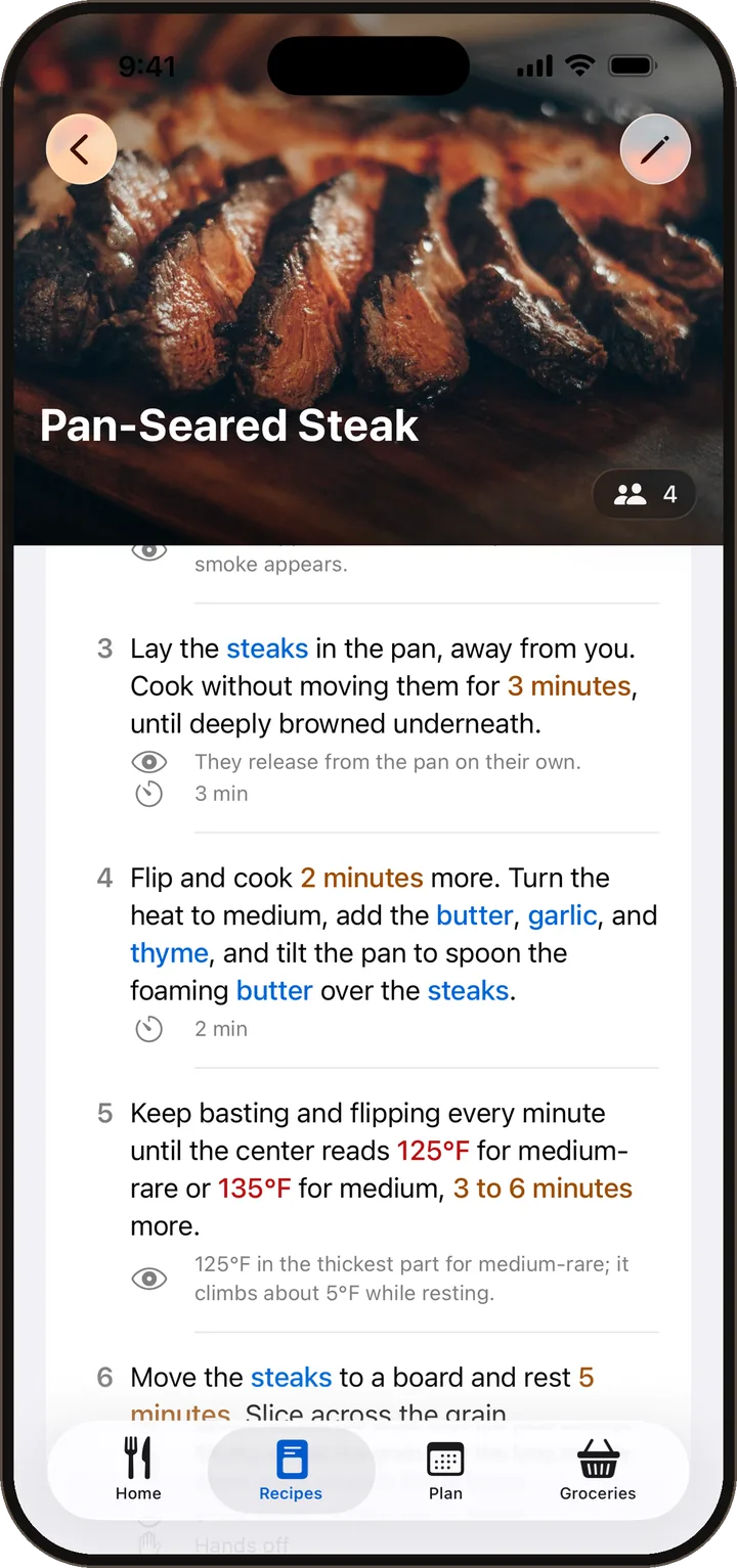 Pan-seared steak steps, with ingredients and times highlighted and a note on what to look for.