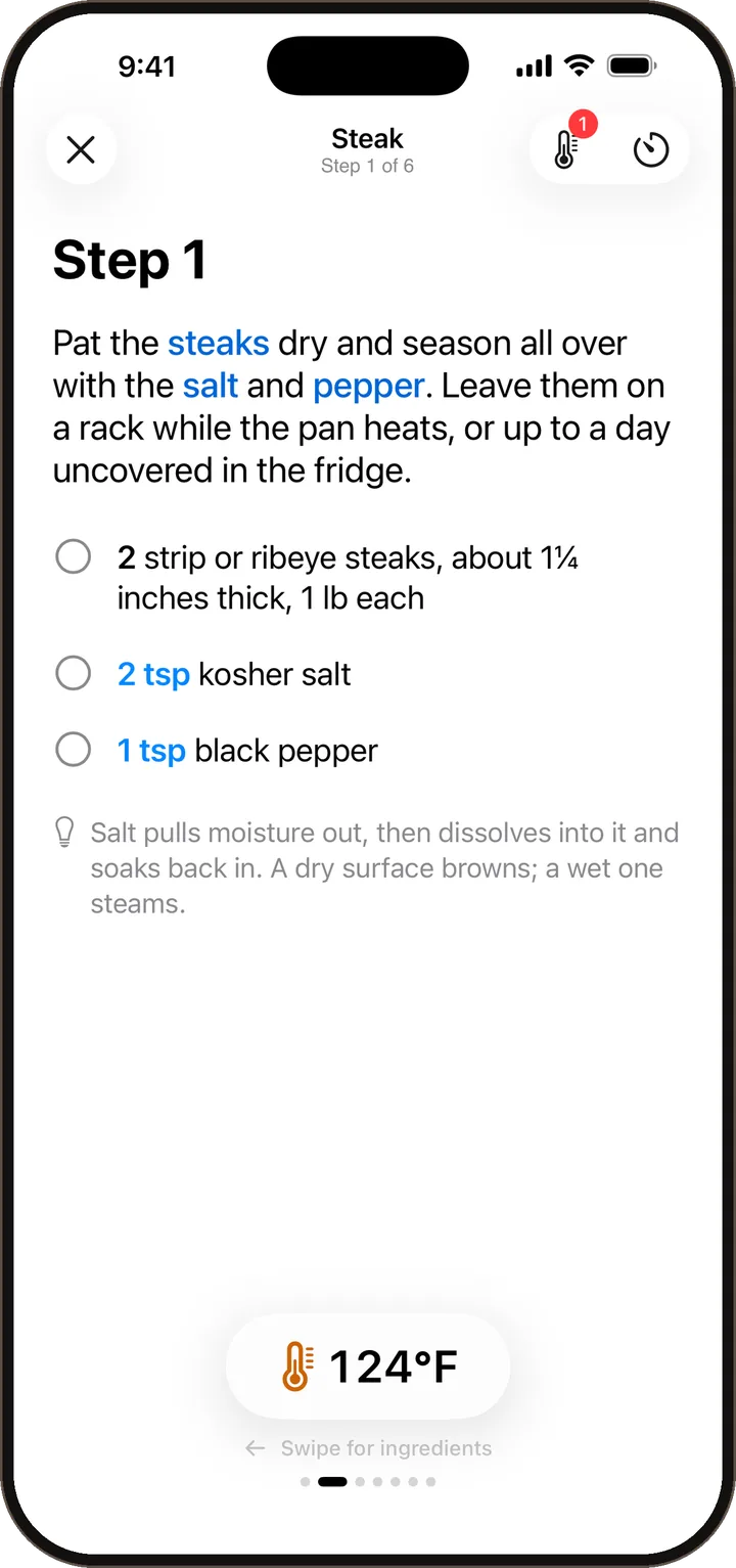 A steak step with a live 124°F reading from a wireless thermometer.