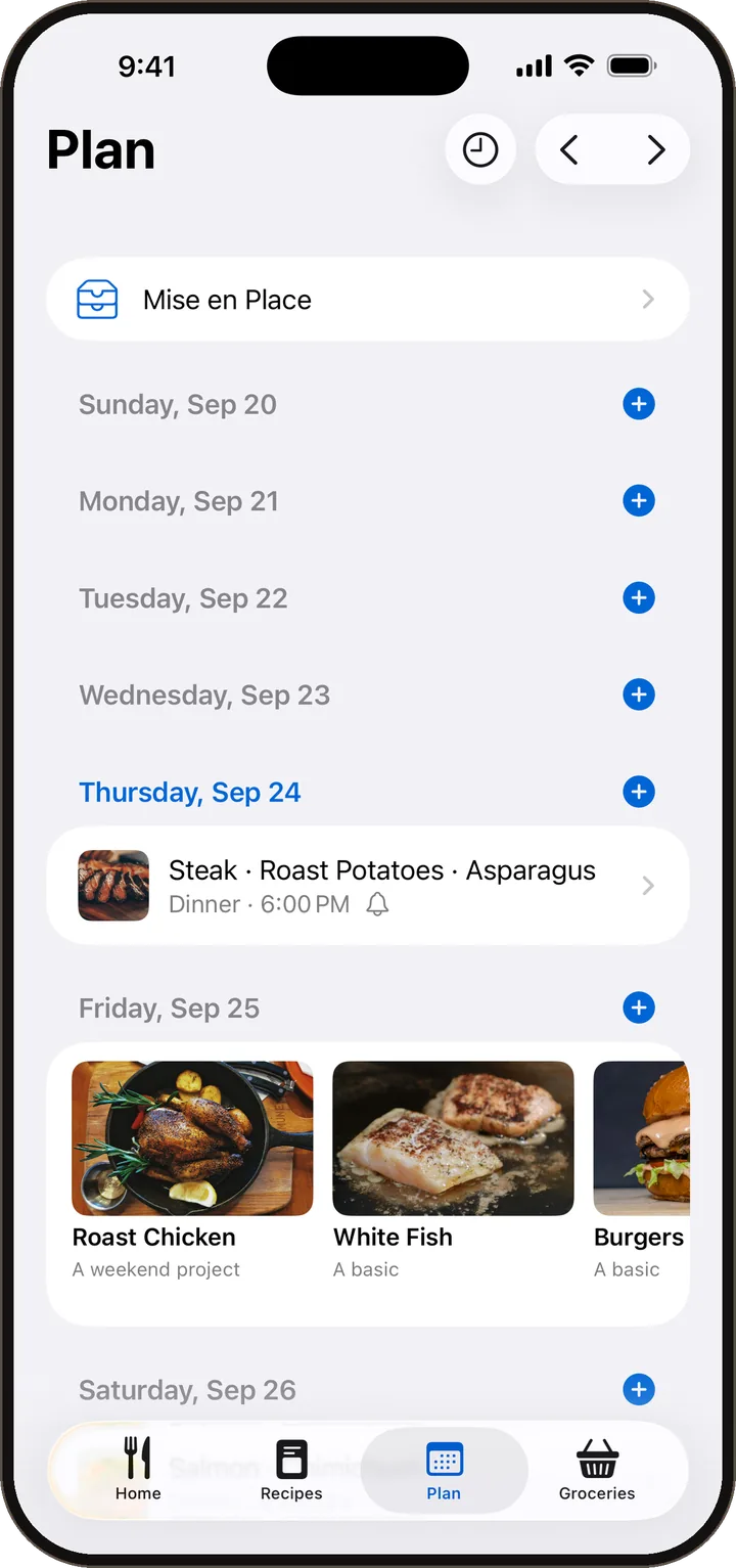The week's plan, with steak, roast potatoes and asparagus on Wednesday and quick weeknight ideas for Thursday.